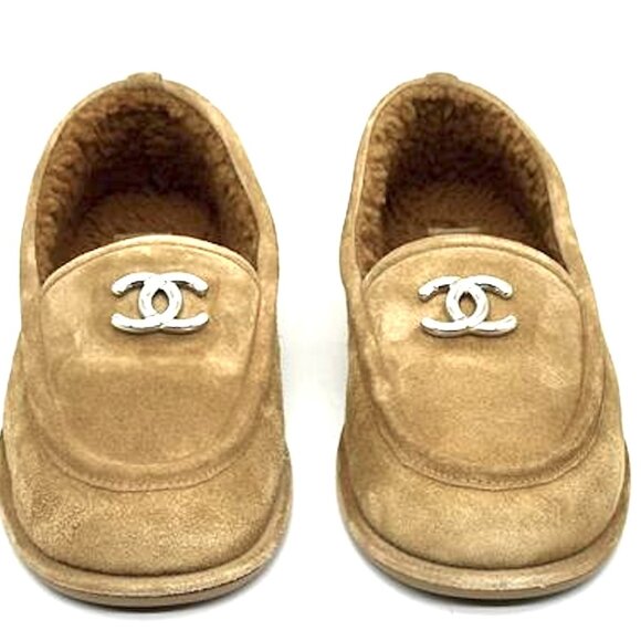 CHANEL REV Shearling Lined Suede Calfskin CC Loafers Moccasins Flat Shoes - Picture 3 of 15